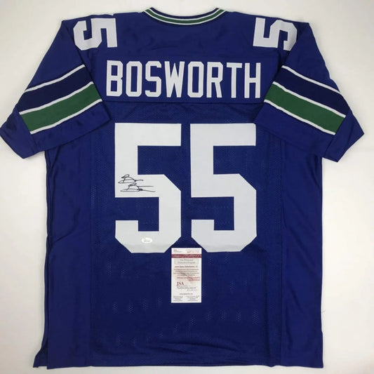 Brian Bosworth signed custom jersey, blue with white and green accents, pro sports icon