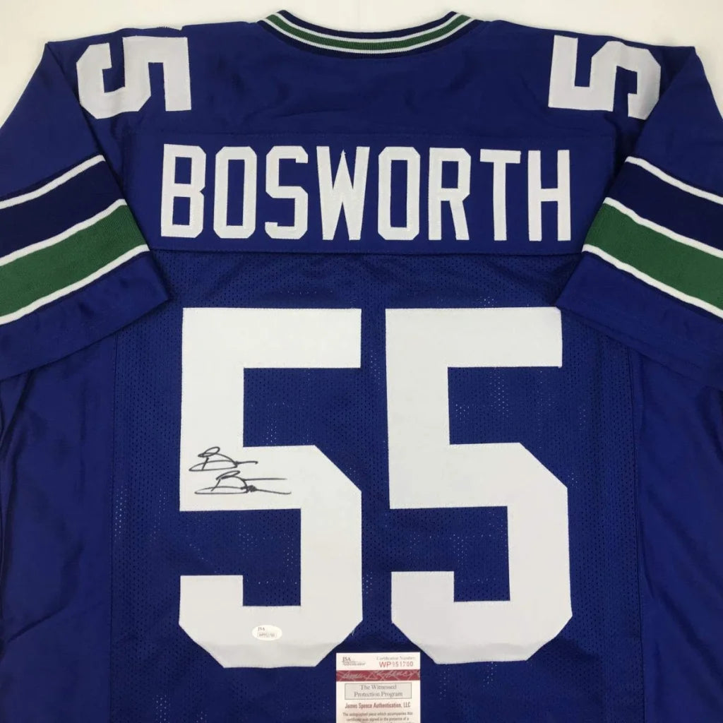 Brian Bosworth signed blue green custom jersey, pro sports legend