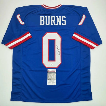 Back of autographed Brian Burns New York retro blue custom jersey, number 0