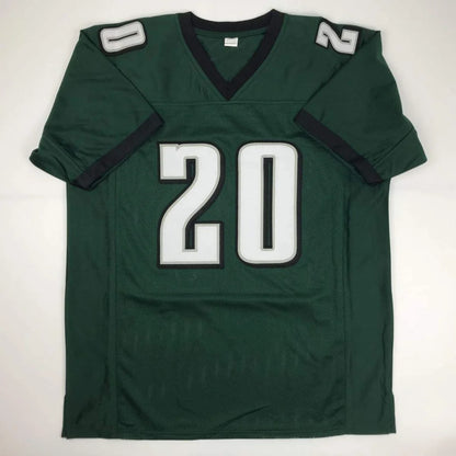 Green football jersey with white and black 20 number from Dawkins 20 Custom Jersey signed for professional sports fans
