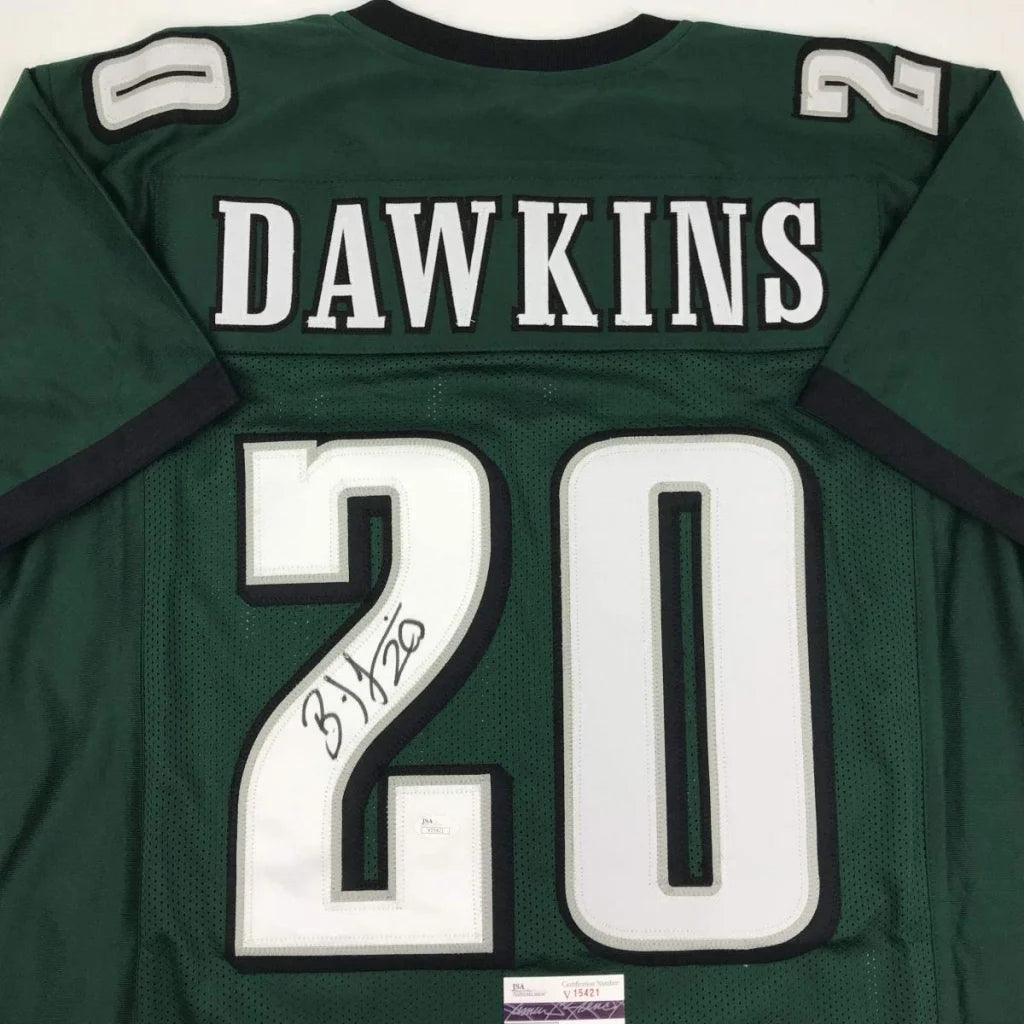 Autographed Brian Dawkins Philadelphia Green Football Jersey JSA COA | Certified Authentic Signed Memorabilia | vintageantiquesgifts.com