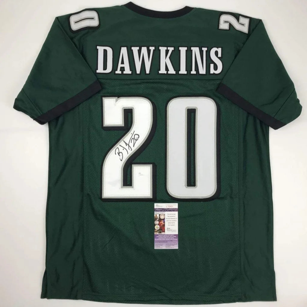 Autographed Brian Dawkins Philadelphia Green Football Jersey JSA COA | Hall of Fame Sports Memorabilia | vintageantiquesgifts.com