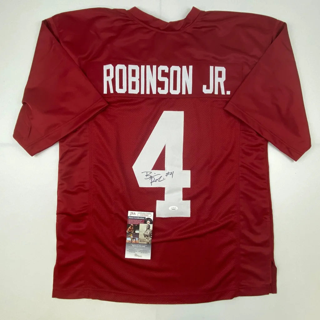 Back of a maroon alabama crimson tide custom jersey with robinson jr number 4 and autograph for professional sports fans