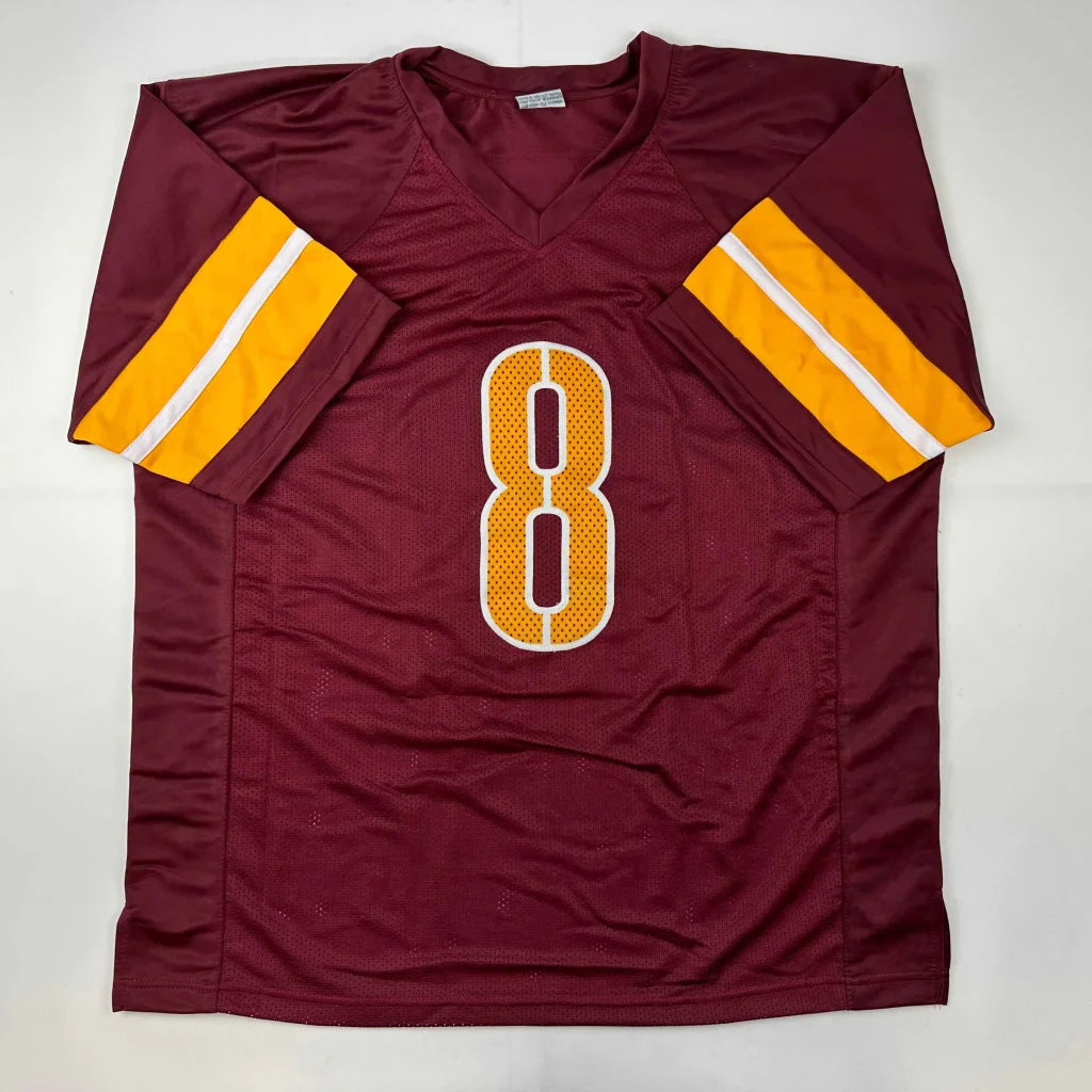 Maroon custom jersey with gold and white stripes and number 8 for sports league fans