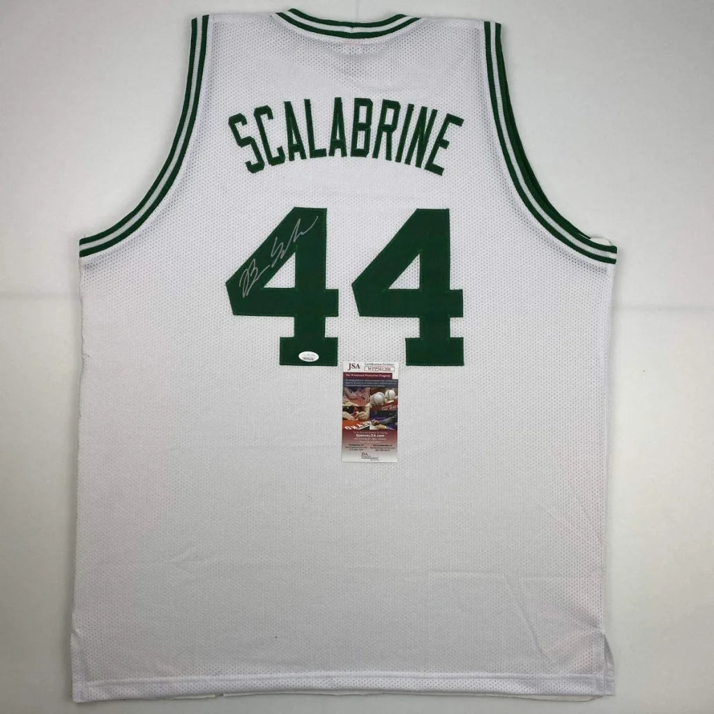 White mesh custom brian scalabrine basketball jersey with green trim and autograph from professional sports league player