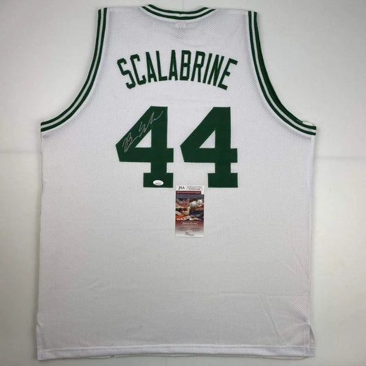 White mesh custom brian scalabrine basketball jersey with green trim and autograph from professional sports league player