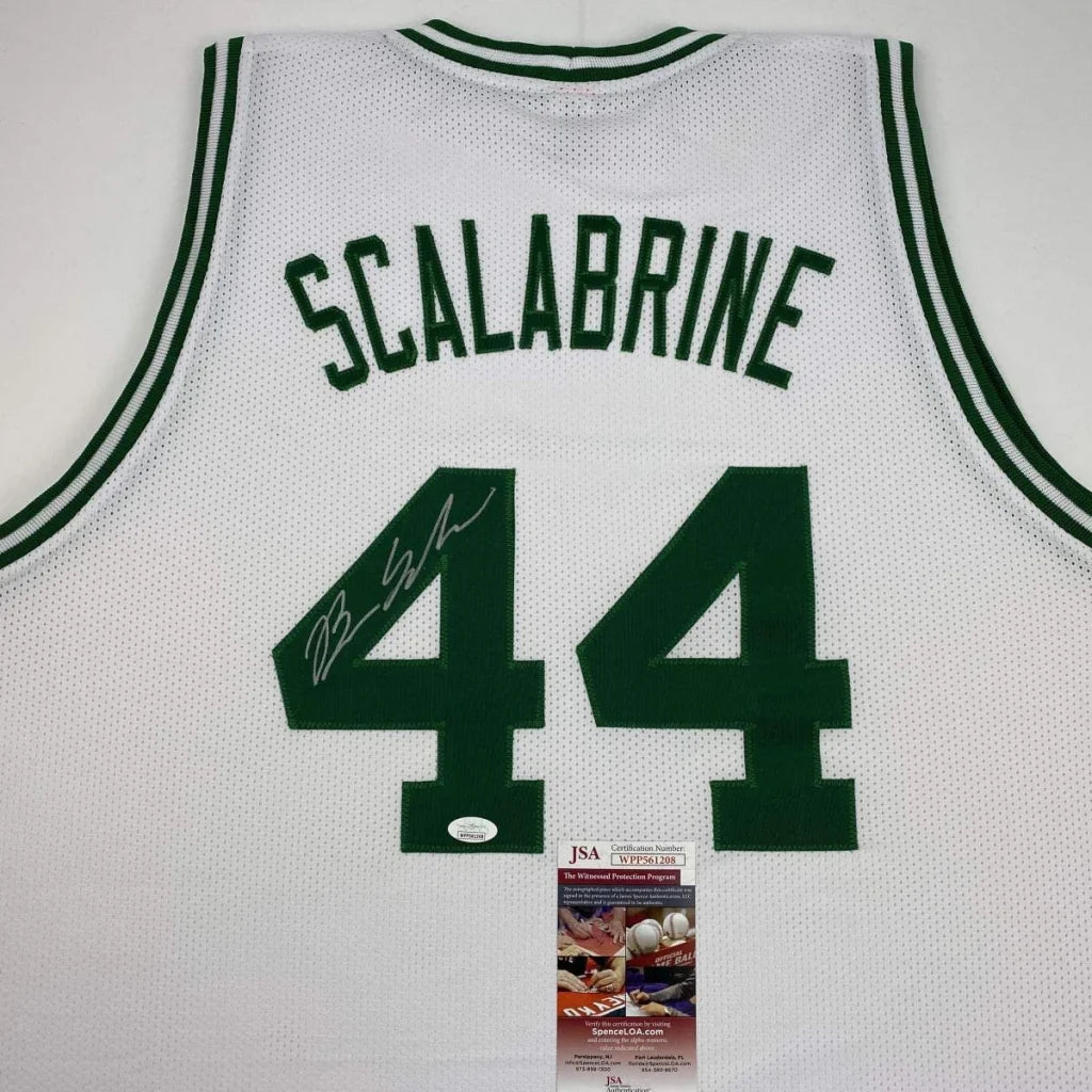Autographed white mesh custom jersey with green lettering of Brian Scalabrine number 44 from professional sports league