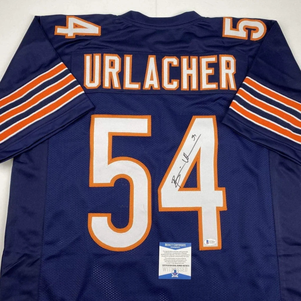 Back of autographed Brian Urlacher navy blue Chicago Bears custom jersey number 54
