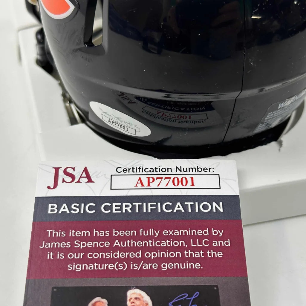 Black Chicago Bears mini helmet with JSA certification sticker and authentic look