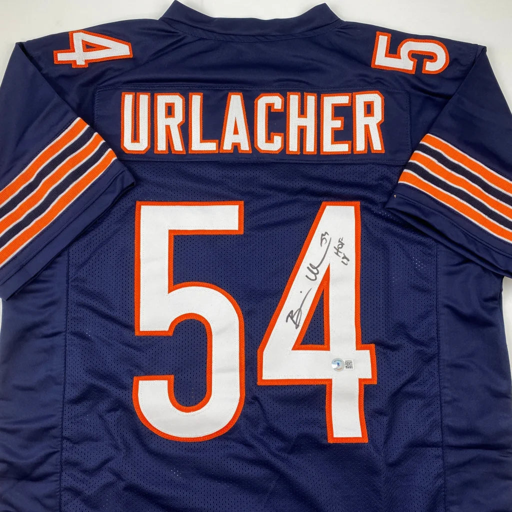 Dark blue Brian Urlacher Bears jersey with autograph, perfect for professional sports fans