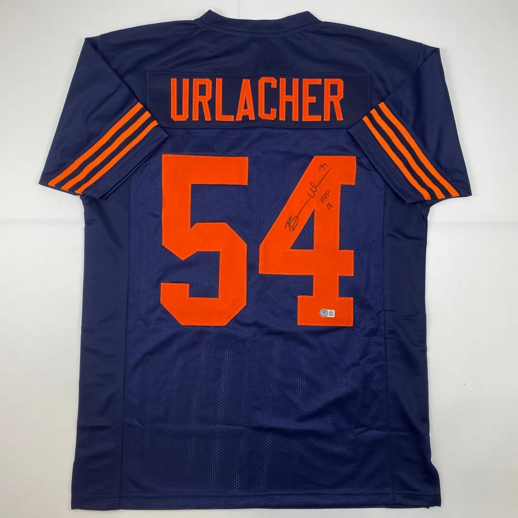 Autographed Brian Urlacher HOF 18 Chicago Blue Retro Football Jersey Beckett BAS COA | Hall of Fame Sports Memorabilia | vintageantiquesgifts.com