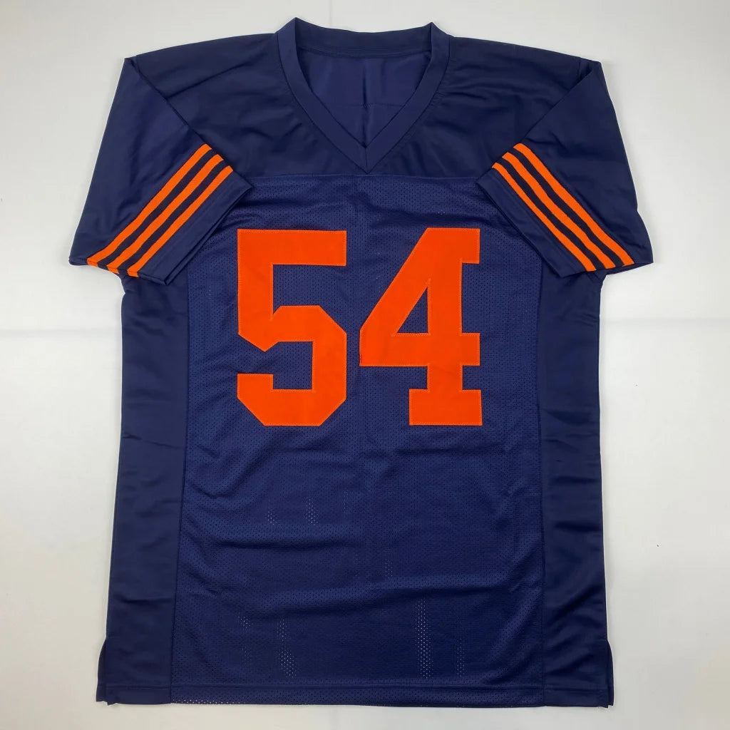 Navy blue custom jersey with orange number 54 and stripes, perfect for Chicago Bears fans