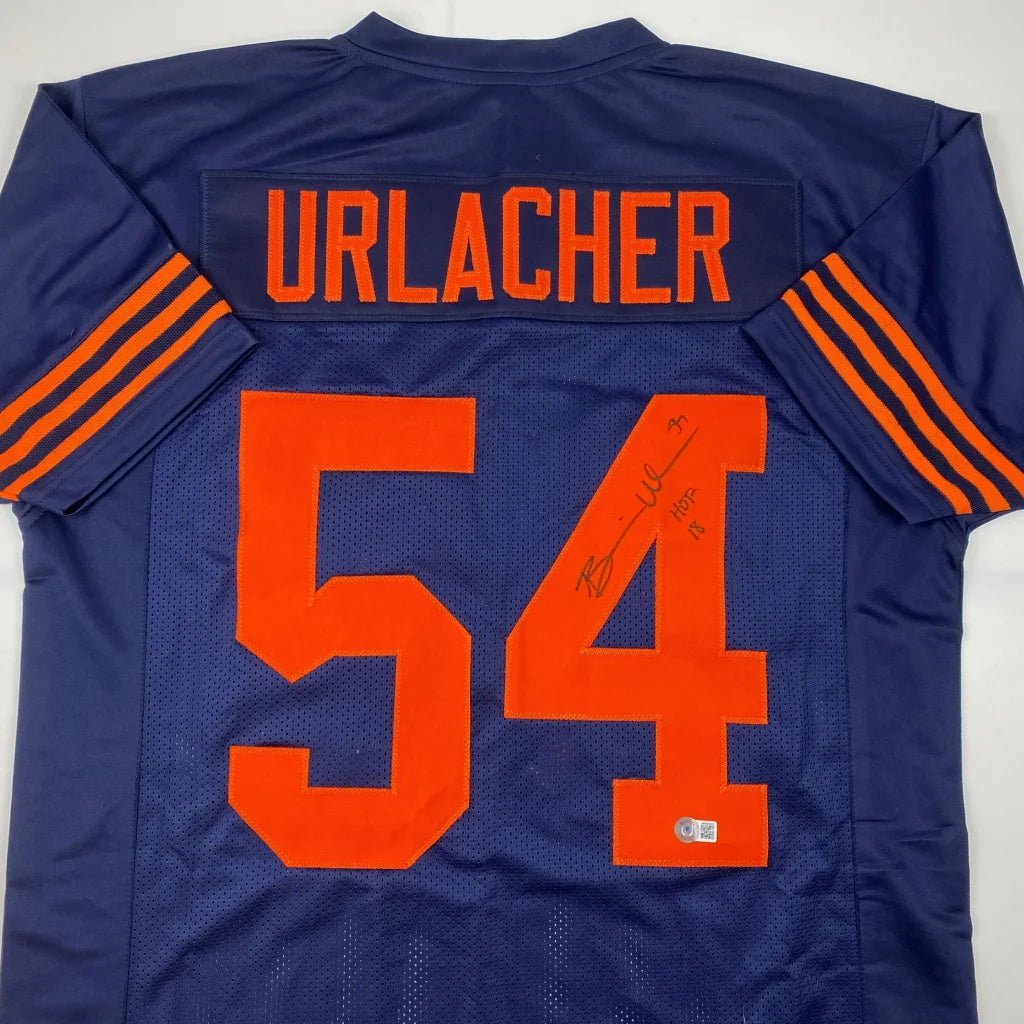 Autographed Brian Urlacher HOF 18 Chicago Blue Retro Football Jersey Beckett BAS COA | Certified Authentic Signed Memorabilia | vintageantiquesgifts.com