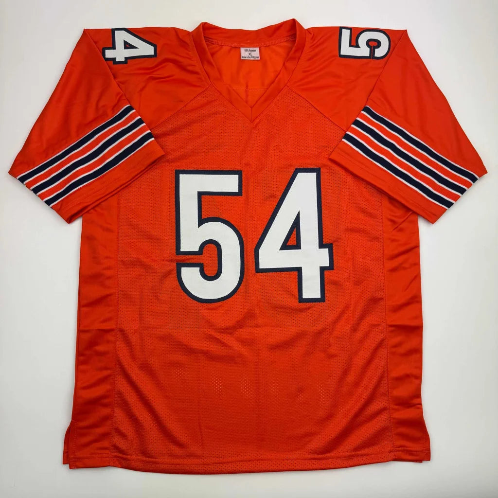 Autographed brian urlacher hof 18 chicago orange custom jersey with white navy numerals 54 and pro sports league stripes