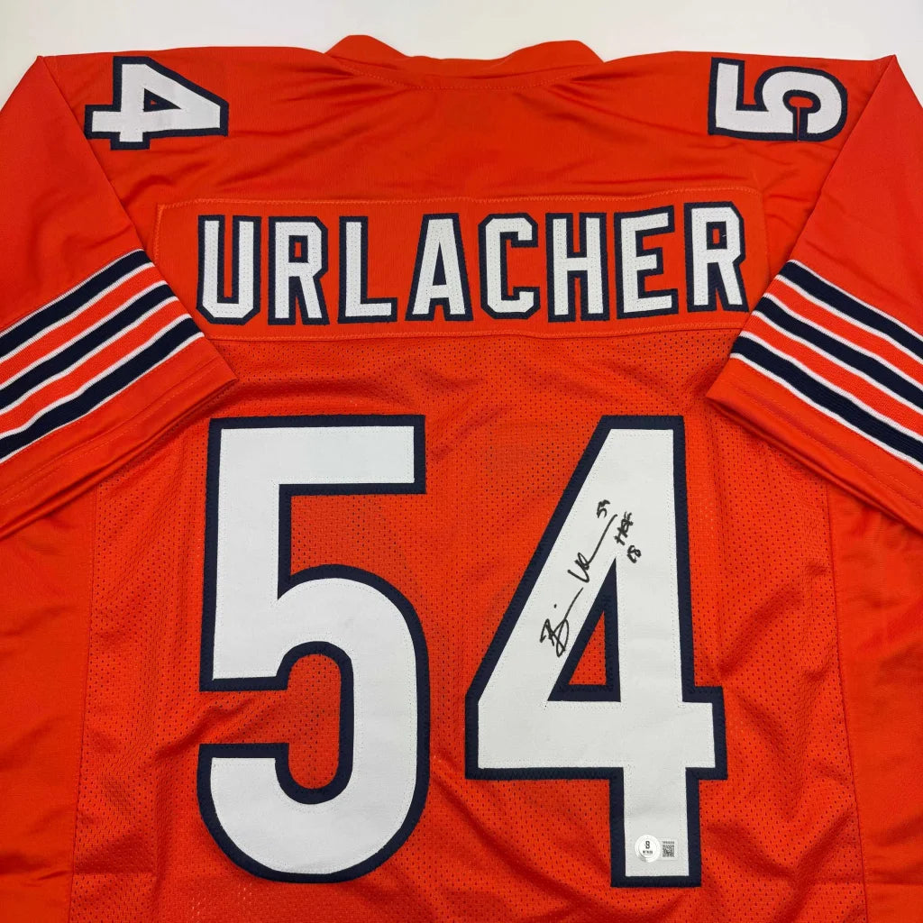 Back of custom vibrant orange chicago bears professional sports jersey with urlacher 54 in white and navy blue lettering