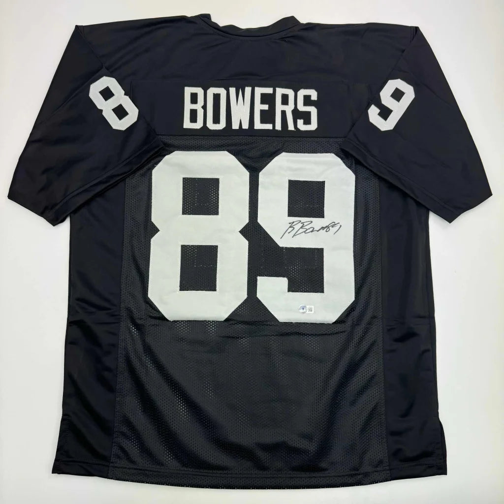 Autographed Brock Bowers Las Vegas Oakland Black Football Jersey Beckett BAS COA | Hall of Fame Sports Memorabilia | vintageantiquesgifts.com