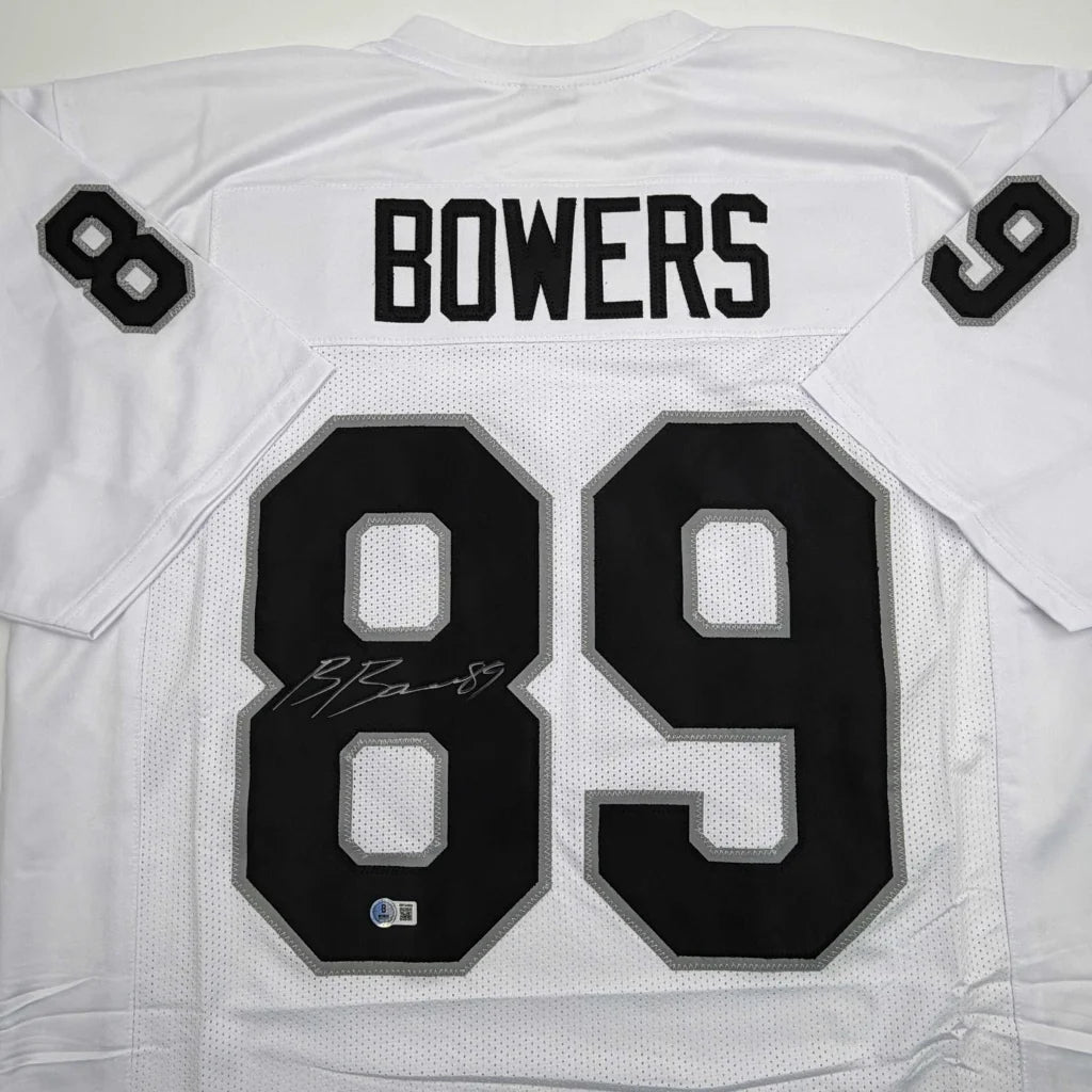 Autographed Brock Bowers white custom jersey back, 89 Bowers signature, Beckett COA