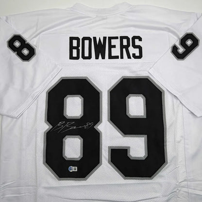 Autographed Brock Bowers white custom jersey back, 89 Bowers signature, Beckett COA