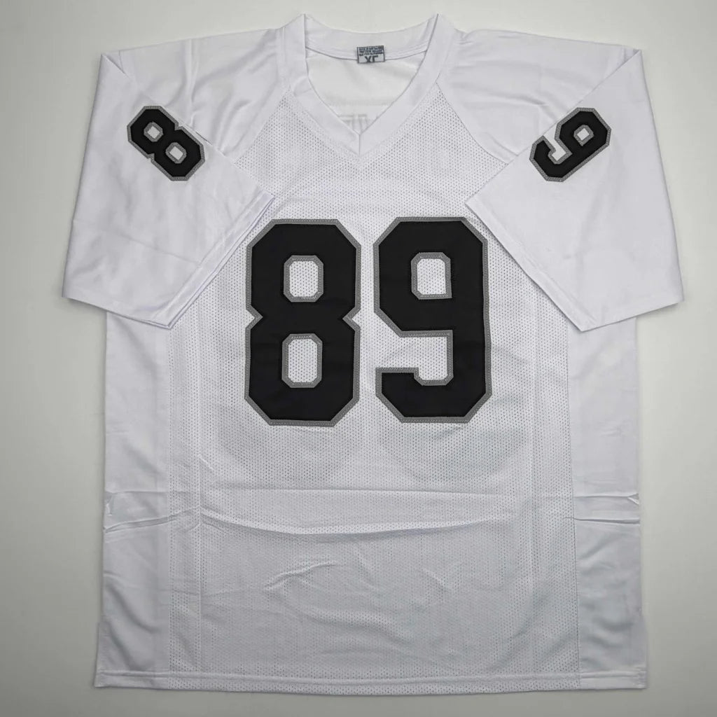 Autographed Brock Bowers white custom jersey with black 89, mesh design