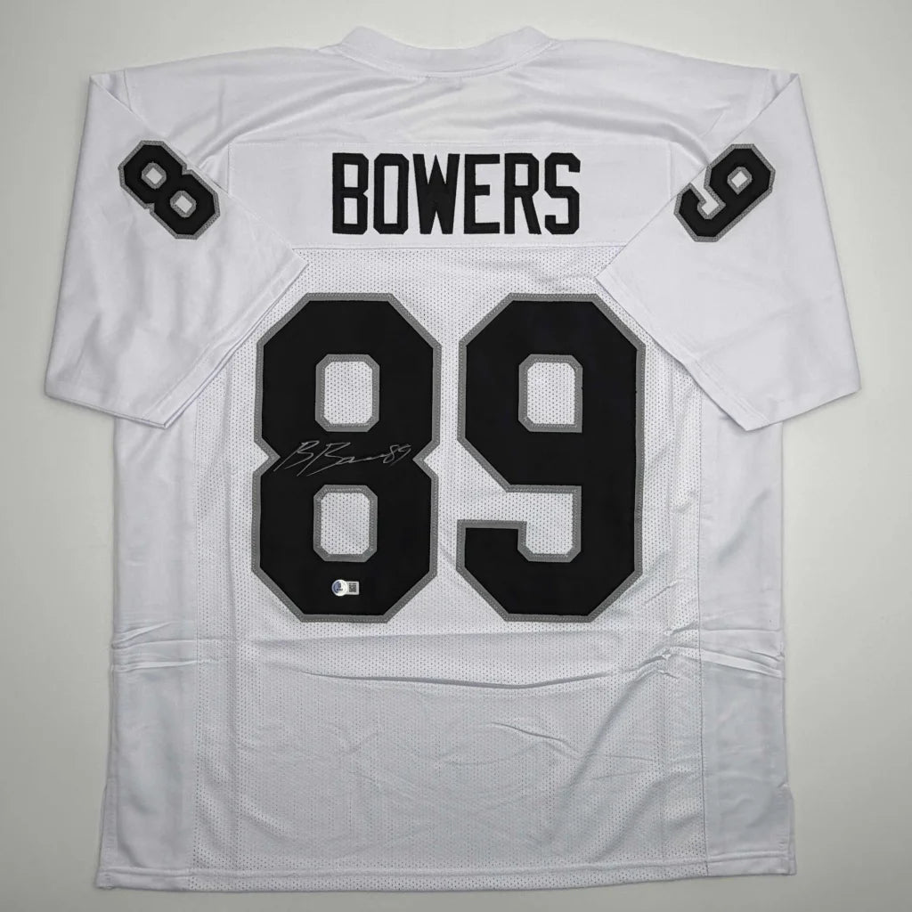 Autographed Brock Bowers white custom jersey back, number 89, Beckett COA