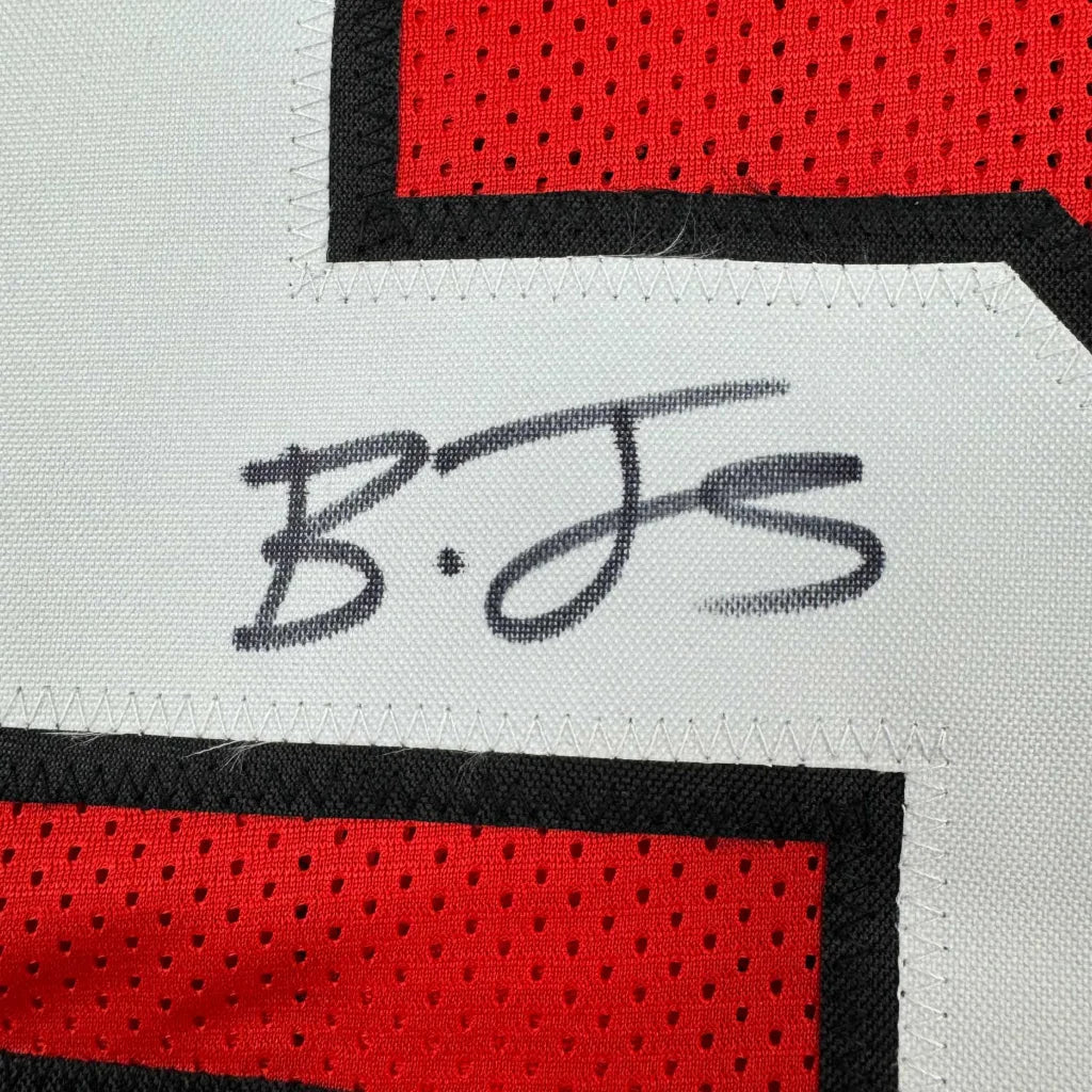 Autographed Broderick Jones Georgia red college football custom jersey with B.J.S. signature on white mesh and stitched panels, JSA COA