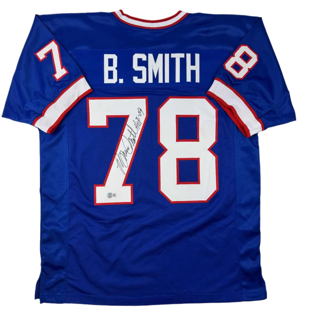 Autographed Bruce Smith HOF 09 Buffalo Blue Football Jersey Beckett BAS COA | Hall of Fame Sports Memorabilia | vintageantiquesgifts.com