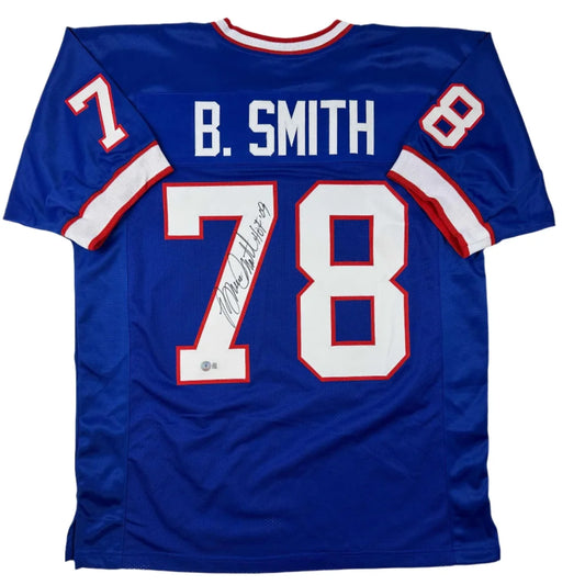 Autographed Bruce Smith HOF 09 Buffalo Blue Football Jersey Beckett BAS COA | Hall of Fame Sports Memorabilia | vintageantiquesgifts.com