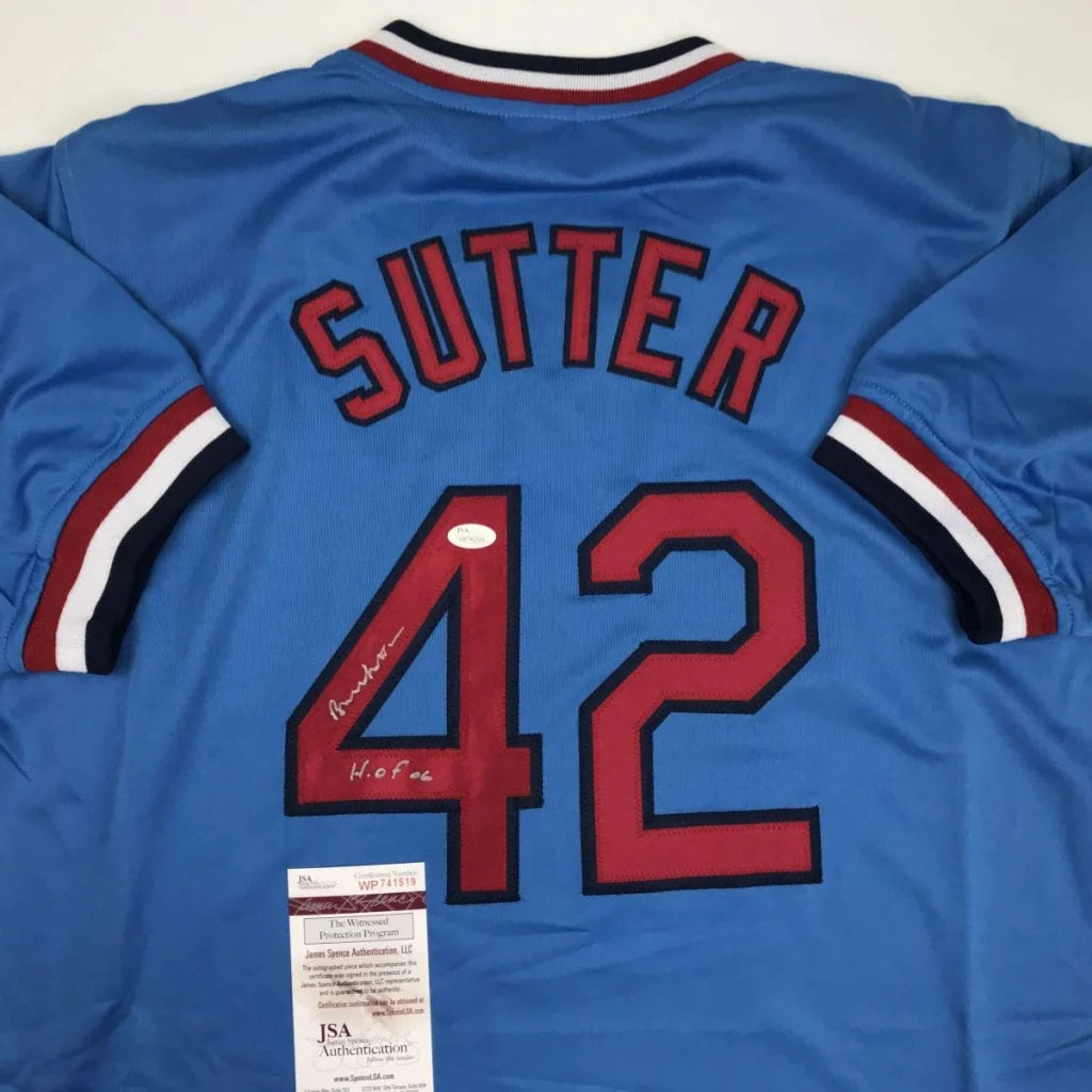 Light blue custom jersey with Sutter 42 autographed by Bruce Sutter HOF 06 for sports fans