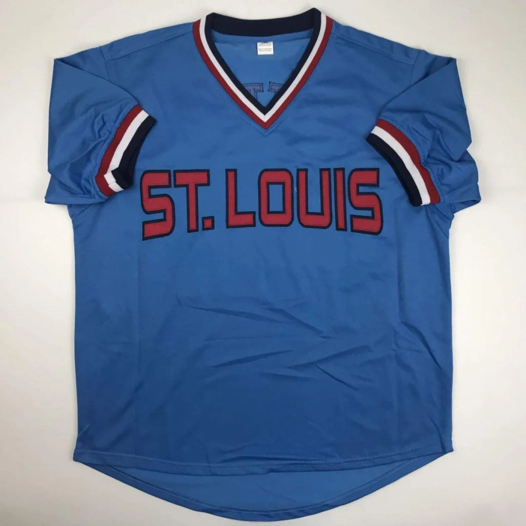 Blue custom jersey with ST. LOUIS in red for professional sports collectors