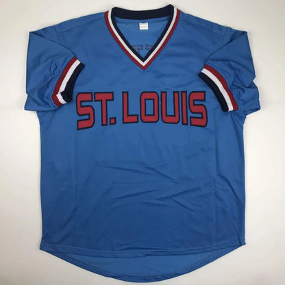 Blue custom jersey with ST. LOUIS in red for professional sports collectors