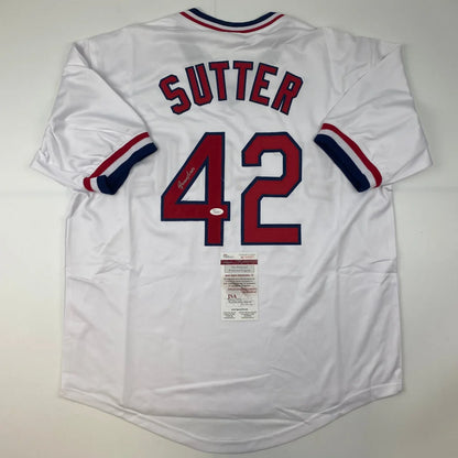 White professional sports league custom jersey signed by Sutter with number 42 and auth tags
