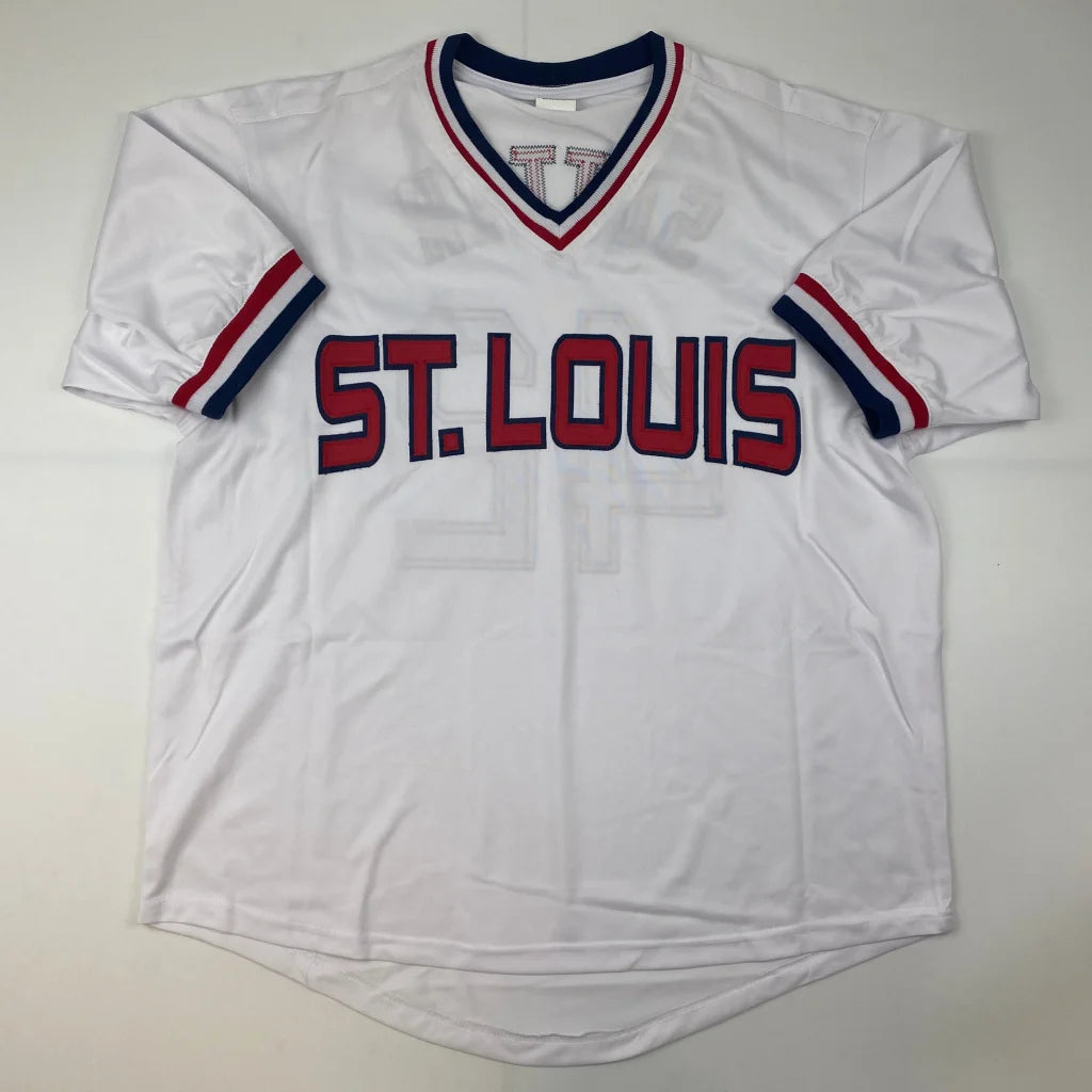 White v-neck baseball jersey with red and blue accents for professional sports fans