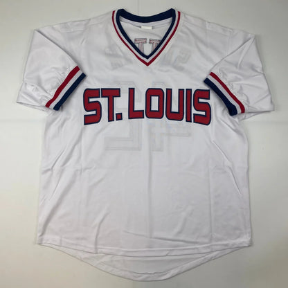 White v-neck baseball jersey with red and blue accents for professional sports fans