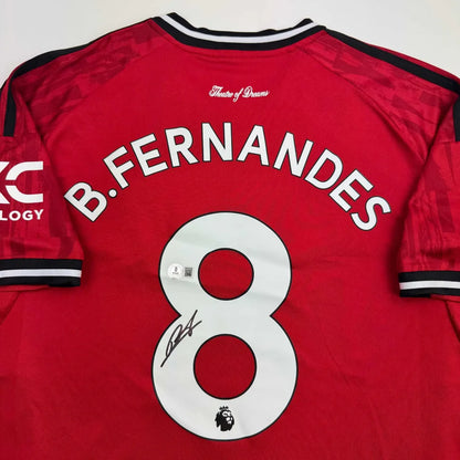 Autographed Bruno Fernandes Manchester United Red Soccer Jersey Beckett BAS COA | Certified Authentic Signed Memorabilia | vintageantiquesgifts.com