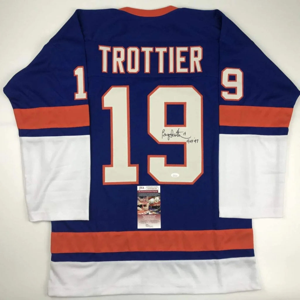 Autographed Bryan Trottier HOF 97 New York Blue Hockey Jersey JSA COA | Hall of Fame Sports Memorabilia | vintageantiquesgifts.com