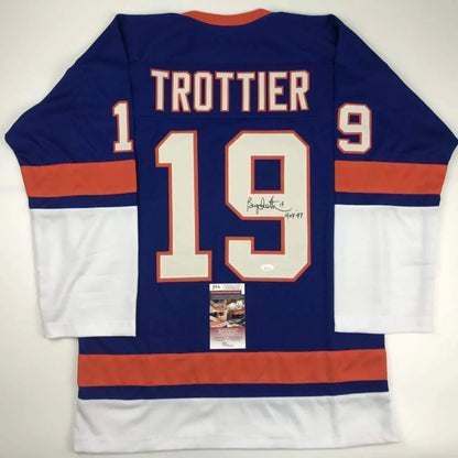 Autographed Bryan Trottier HOF 97 New York Blue Hockey Jersey JSA COA | Hall of Fame Sports Memorabilia | vintageantiquesgifts.com