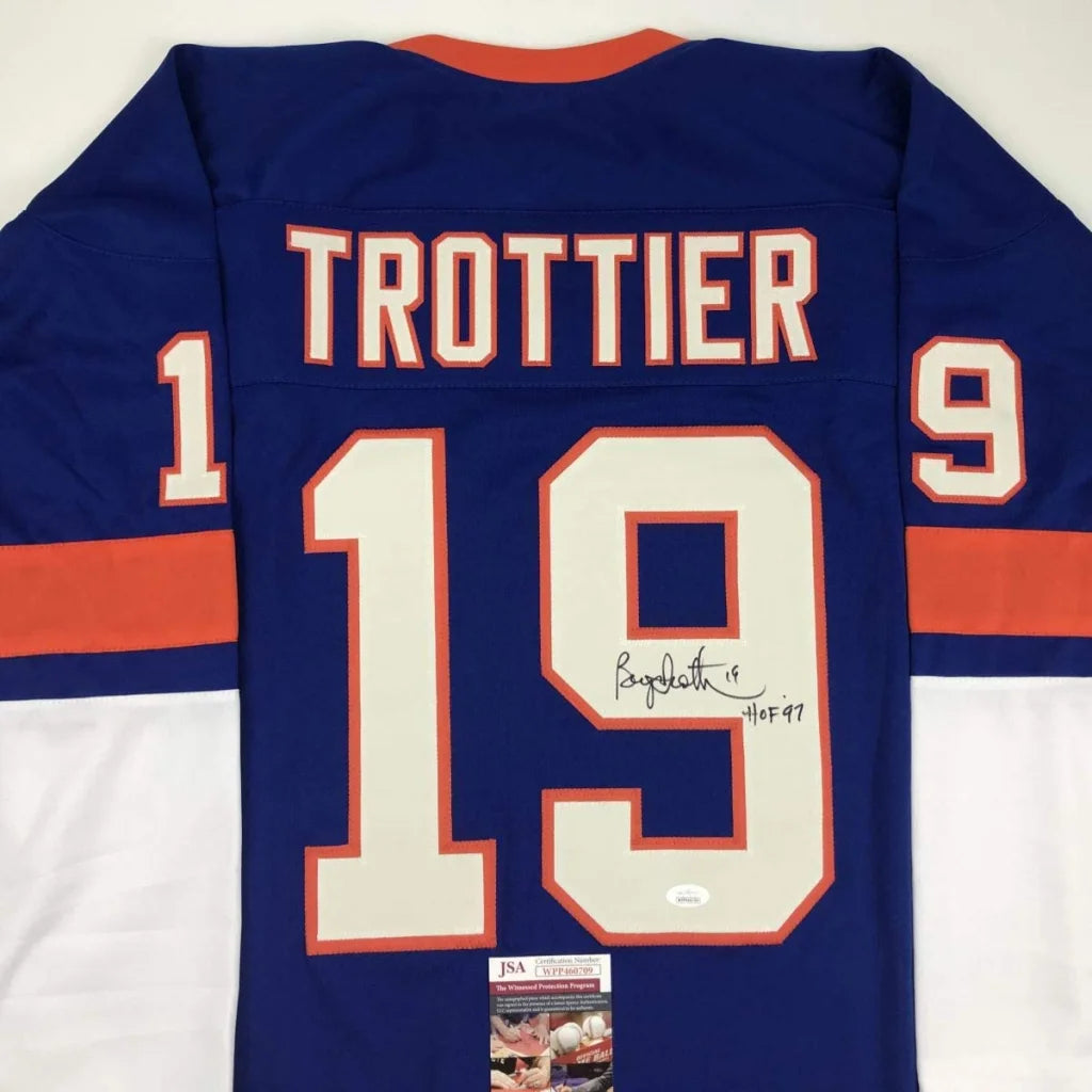 Autographed Bryan Trottier HOF 97 New York Blue Hockey Jersey JSA COA | Certified Authentic Signed Memorabilia | vintageantiquesgifts.com