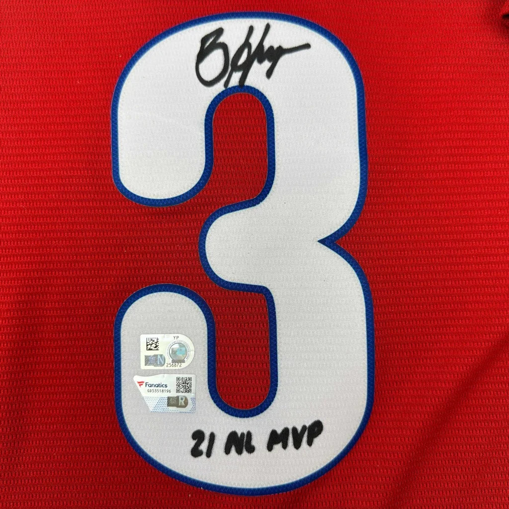 Red Bryce Harper signed sports jersey with white number 3 and certificate of authenticity