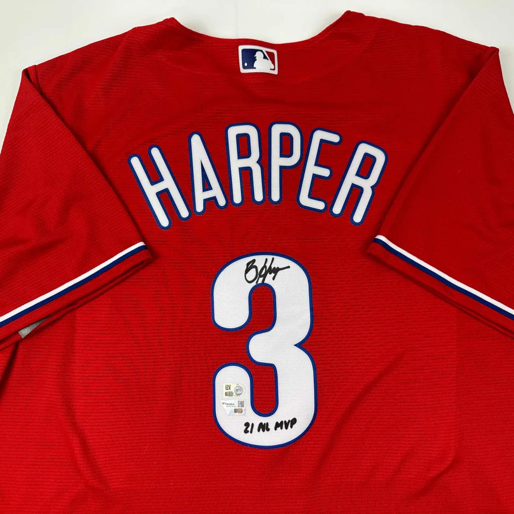 Autographed Bryce Harper Phillies red replica jersey with number 3