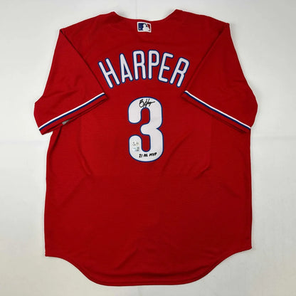Autographed Bryce Harper Philadelphia Phillies red replica jersey with number 3