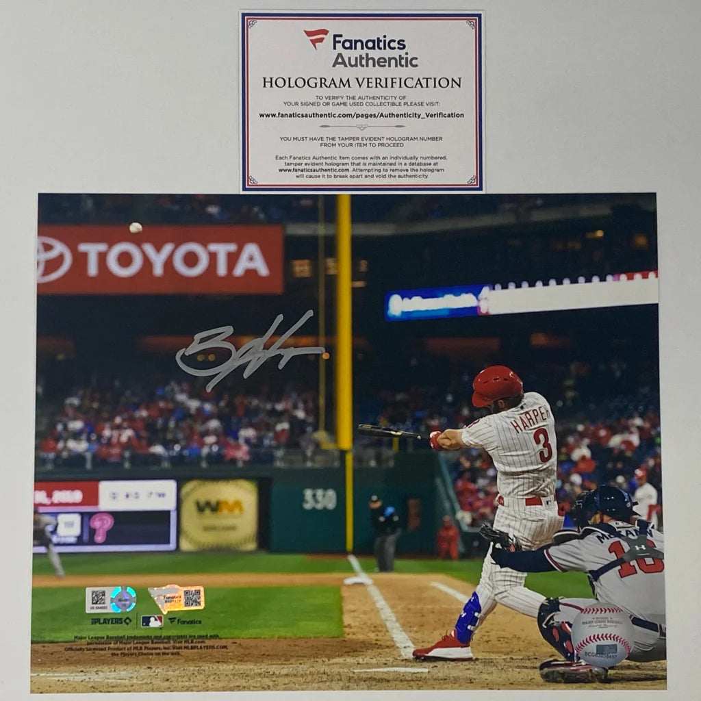Autographed Bryce Harper Philadelphia Phillies 8x10 Baseball Photo Fanatics & MLB COA | Hall of Fame Sports Memorabilia | vintageantiquesgifts.com