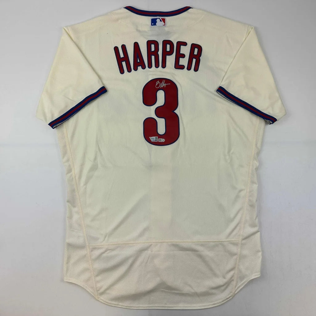 Cream-colored Bryce Harper autographed baseball jersey with HARPER 3 on the back