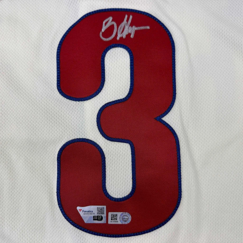 White Bryce Harper autographed jersey with red number 3 and blue outline, authentic stickers