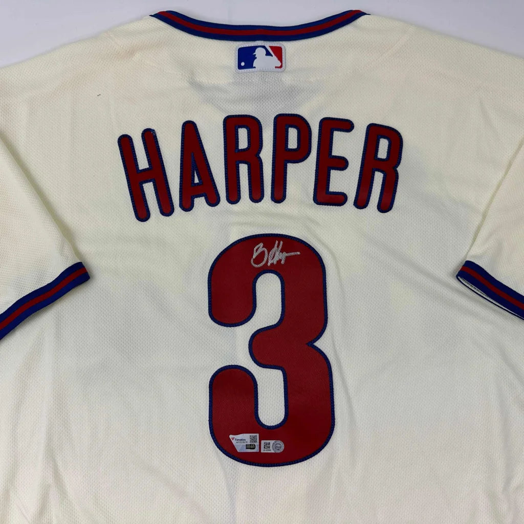 Autographed Bryce Harper Phillies cream jersey with number 3