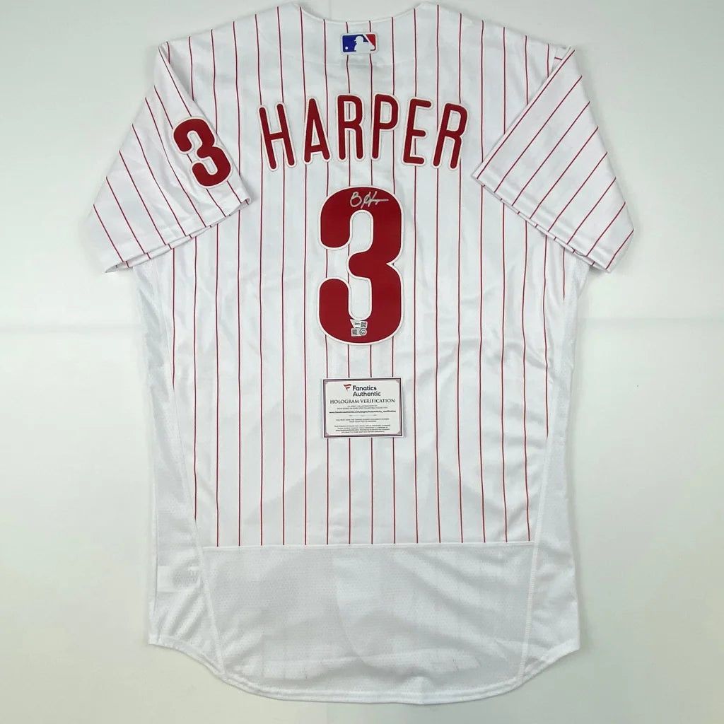 White Harper Number 3 baseball jersey with red pinstripes and signed autograph