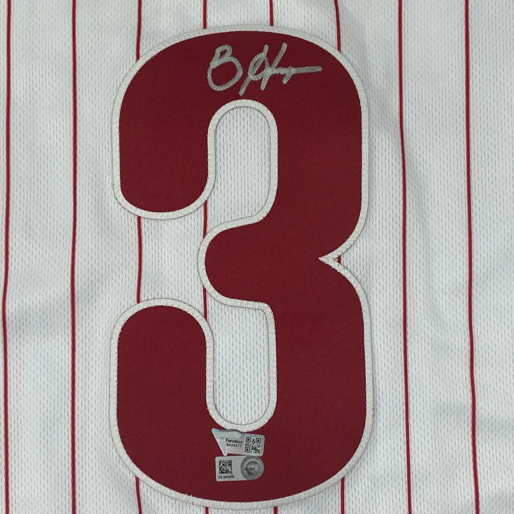 White Harper Number 3 Baseball Jersey with Red Pinstripes and Silver Signature