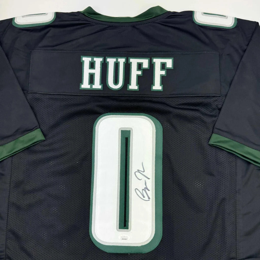 Autographed Black HUFF football jersey with number 0, perfect for professional sports fans