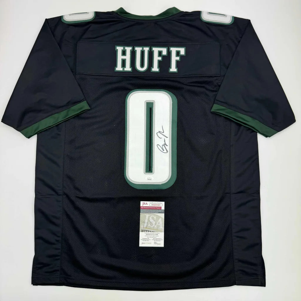 Autographed black HUFF jersey from professional sports league, perfect sports collectible