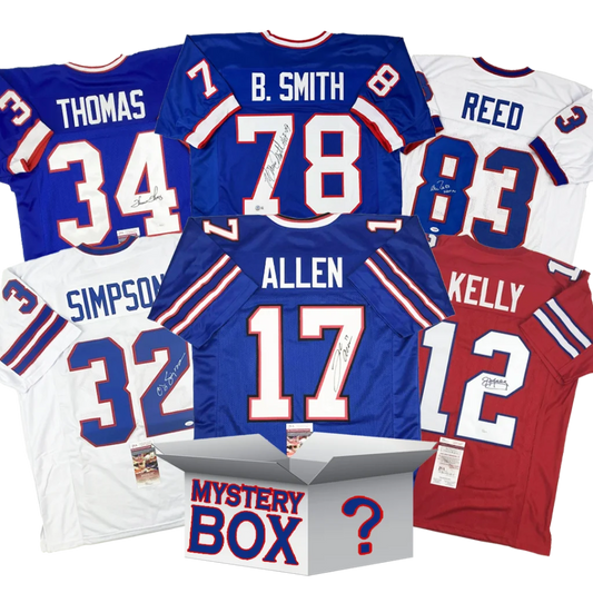 Autographed Buffalo Football Jersey Mystery Box with PSA JSA or Beckett COA | Hall of Fame Sports Memorabilia | vintageantiquesgifts.com