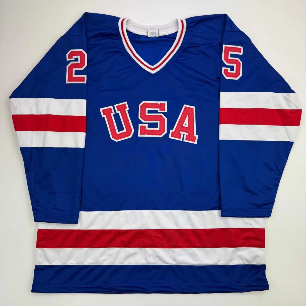 Blue custom jersey with red and white stripes from a professional sports league collectible